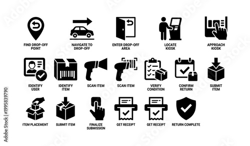 Set of drop off and return process icons arranged in grid
