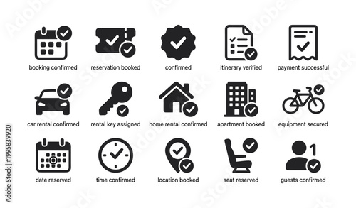Set of confirmation and booking icons arranged in grid