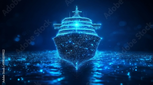 Abstract digital blue cruise ship with glowing dots and lines, dark background, technology concept, futuristic, network, data, connection, innovation.