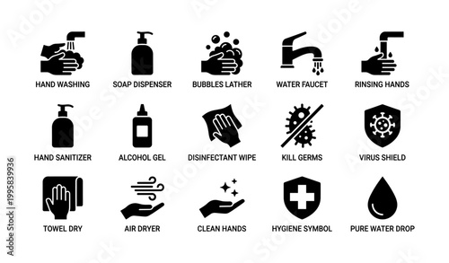 Hand hygiene and sanitation icons showing cleaning actions and symbols