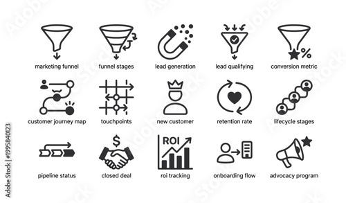 Marketing and customer journey icons in grid on white background