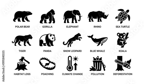 Animal icons showing endangered species and threats on white