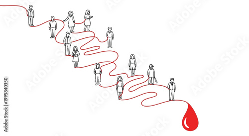 People follow a red line forming a queue to donate blood