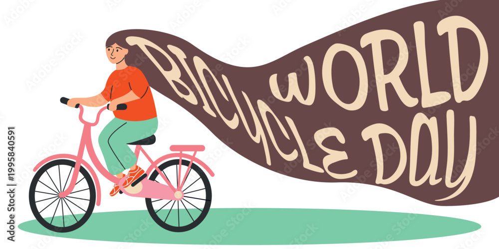 Fototapeta premium World Bicycle Day illustration with woman riding bike and lettering in her long hair.