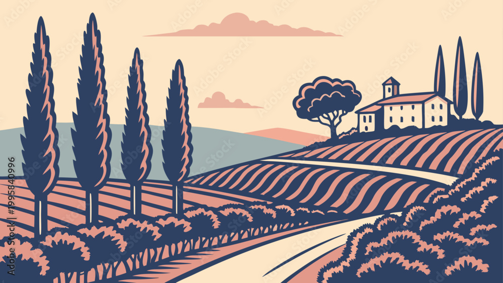 Fototapeta premium Tuscan landscape illustration with cypress trees and vineyard at sunset