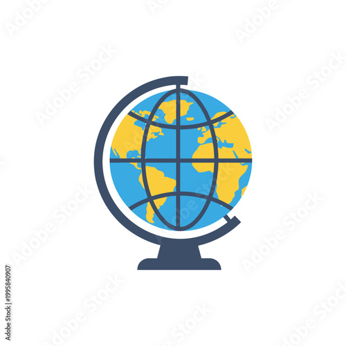 Globe on a stand symbolizing global connectivity and education with blue oceans and yellow landmasses on a white background