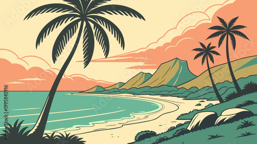 Sunset coastal landscape with palm trees and mountains illustration, mountains