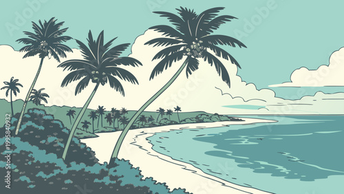 Bild auf Leinwand Lush tropical island coastal view with palm trees and sandy beach, tropical