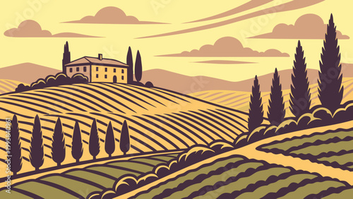 Vintage style landscape featuring mediterranean vineyard and villa, vineyard