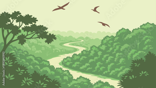 Winding river through a lush green forest landscape with landscape, wilderness