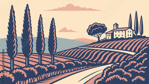 Tuscan landscape illustration with cypress trees and vineyard at sunset