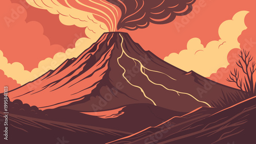 Volcanic eruption landscape with smoke plume at sunset eruption mountain