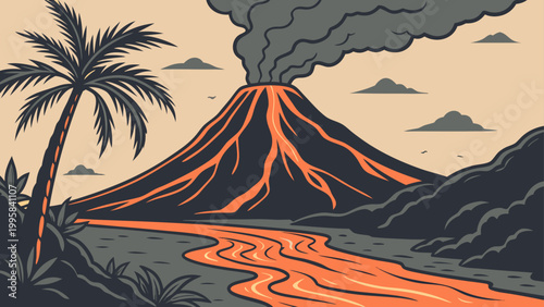 Erupting volcano with palm trees and flowing lava landscape eruption landscape