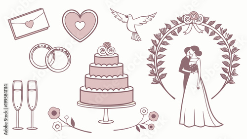 Set of romantic wedding ceremony design elements and decorative symbols