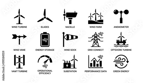 Wind energy icons showing components and systems on white background