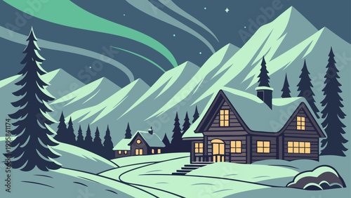 Cozy winter cabin scene at night with aurora borealis, mountains