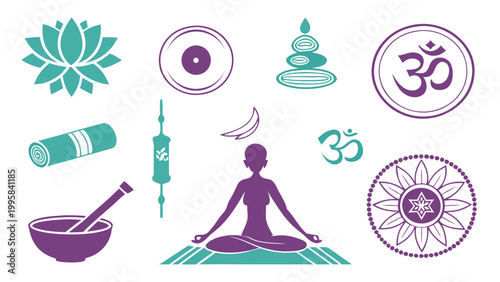 Yoga and meditation wellness symbols and holistic health icons with meditation