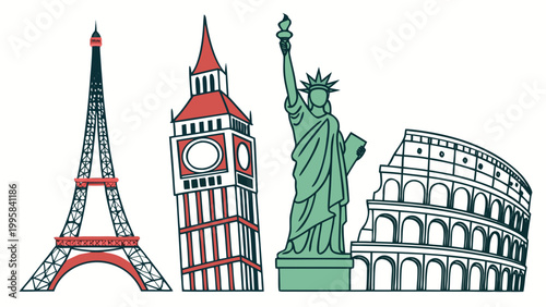 Famous global landmark silhouettes set illustration with landmarks, monuments