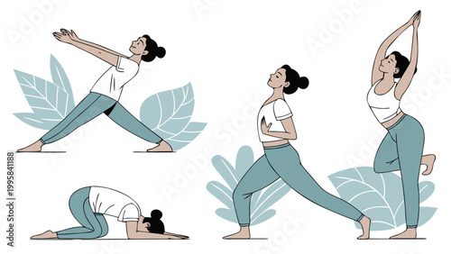 Set of women performing yoga poses and stretching exercises with exercise