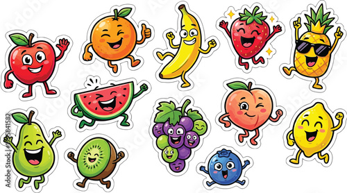 Set of cute cartoon fruit characters with happy faces and expressive gestures for stickers and stationery designs.