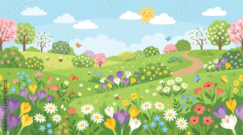 Sunny spring landscape with meadow flowers trees and cute sun.