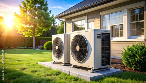 Air conditioning units on house lawn.