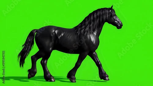 Majestic Black Horse Trotting on a Vibrant Green Screen Background.