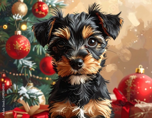 Adorable puppy in Christmas decorations.