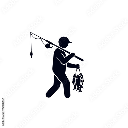 Fisherman Silhouette Carrying Rod and Caught Fish