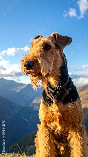 Airedale Terrier dog in mountains.