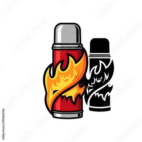 Thermos Flask with Flames Icon, Hot Beverage Container, Red and Black Design