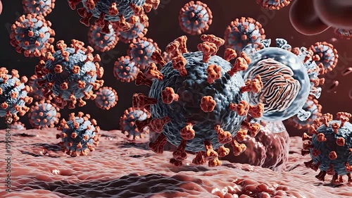 Microscopic view of Coronavirus particles infecting human cells and blood cells.