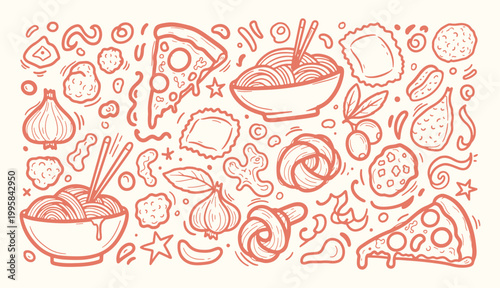 Hand drawn food doodle set with pizza ramen bowl ravioli and garlic in whimsical line art style