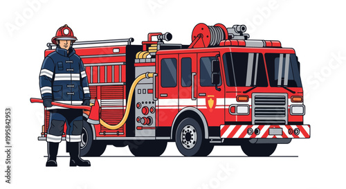 Firefighter and Fire Truck Illustration - Emergency Services
