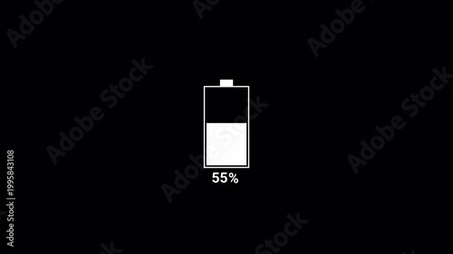 The Fast white color battery charging icon animation video power full battery. Battery charging animation from 0 to 100% On Black Background. 4k video       
