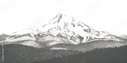 Black and white line art drawing of a majestic snow capped mountain peak