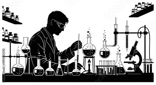 Scientist in Lab Conducting Experiment with Glassware and Microscope