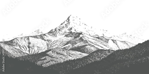 Black and white pencil sketch drawing of a majestic mountain peak with rocky slopes