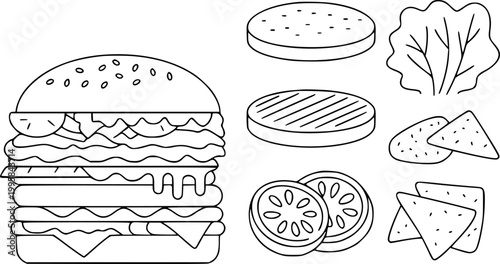 Black and white line burger ingredients and components white background, food sandwich