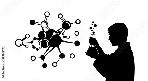 Scientist silhouette holding flask with molecule model