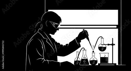 Scientist Silhouette in Lab Coat Pipetting Liquid into Flasks, Research