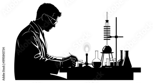 Scientist Silhouette in Lab with Equipment, Research and Experimentation