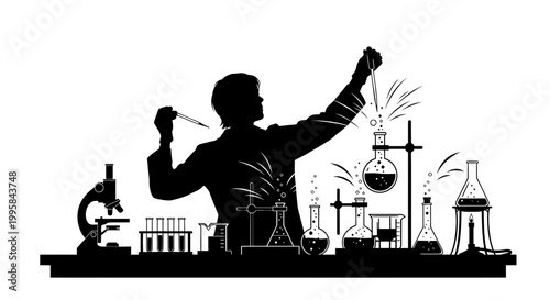 Scientist Silhouette in Lab, Conducting Chemical Experiment with Flasks and Microscope