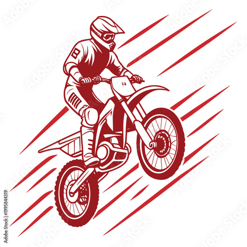 Red illustration of a motocross rider on a dirt bike in motion speed