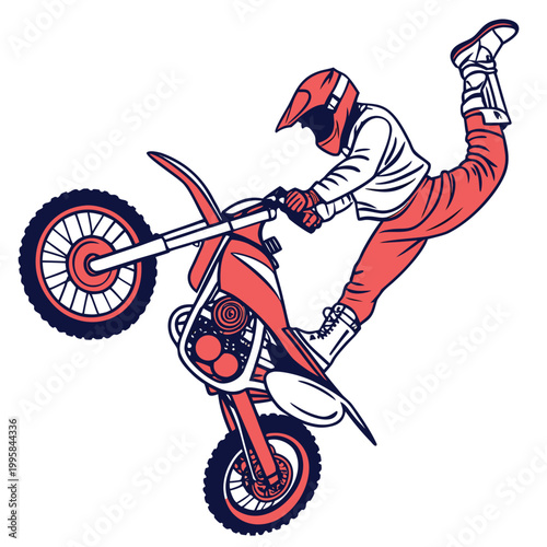 Motocross rider performing a wheelie stunt on a dirt bike with protective gear