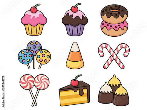 Cute cartoon collection of assorted sweet treats, including cupcakes, donuts, lollipops, candy corn, and cake