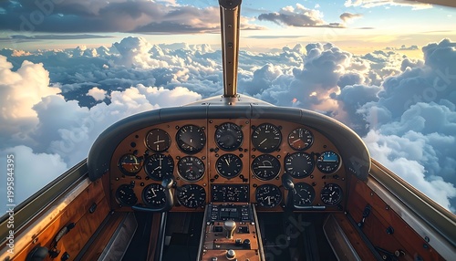 Airplane cockpit controls above clouds.