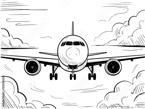 Front view of a jet airplane approaching a white background, style aircraft travel