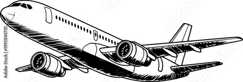 Hand-drawn black and white of a jet airplane in flight, isolated white aircraft transport
