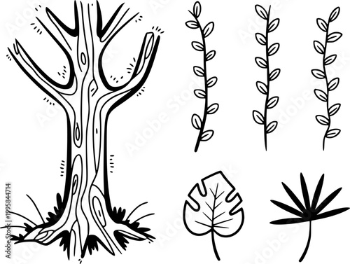 Hand-drawn black and white of a stylized tree and tropical leaves plant nature